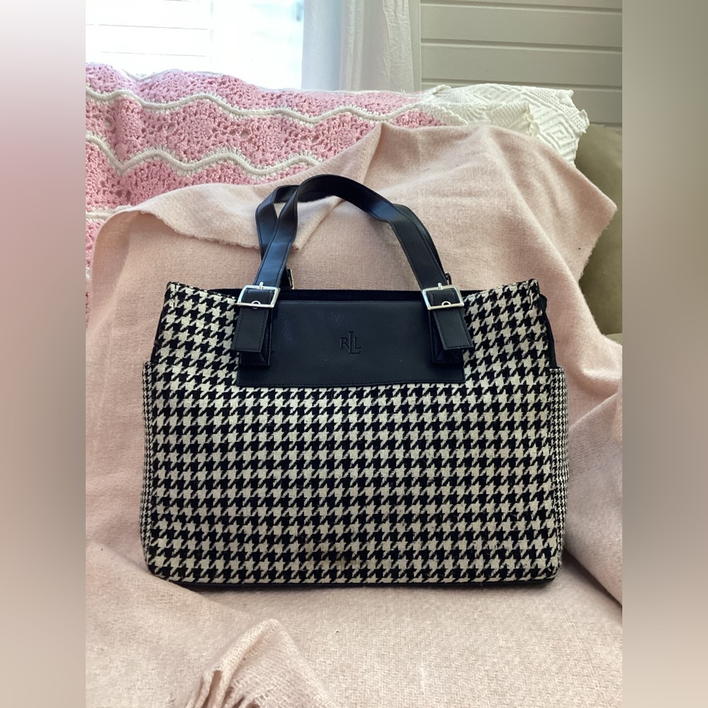 Ralph Lauren Black and Cream Houndstooth Tote